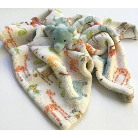 THRO Baby Lovey Blanket Safari Jungle Animals Elephant Security Fleece 30x30 - Picture 1 of 8